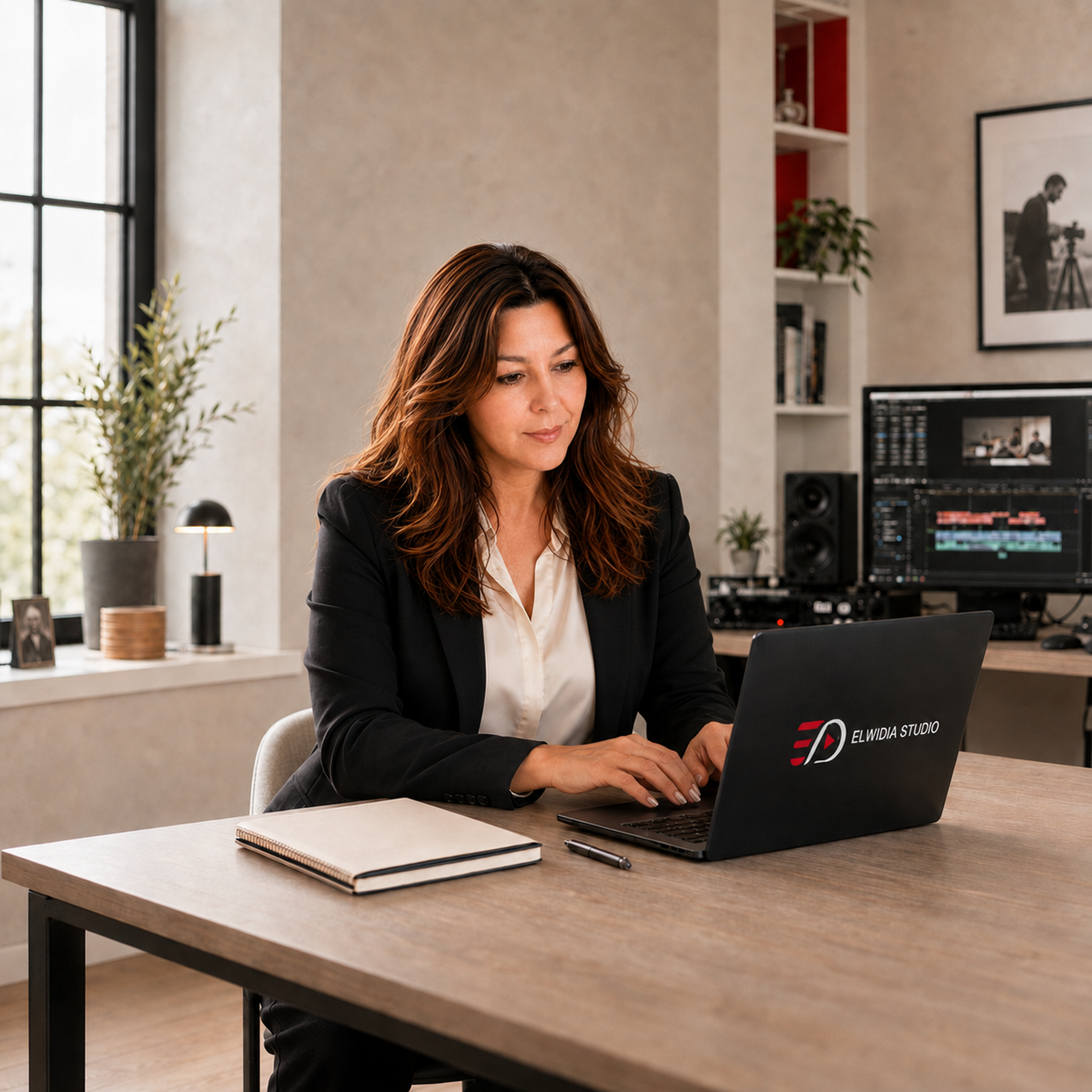 Widad Elena El Qarra al notebook mentre crea un progetto digitale